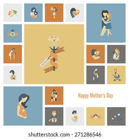 Happy Mothers Day Simple Flat Icons. Vector, Clean Work, Minimum Points