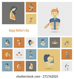 Happy Mothers Day Simple Flat Icons. Vector, Clean Work, Minimum Points