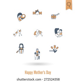 Happy Mothers Day Simple Flat Icons. Vector, Clean Work, Minimum Points