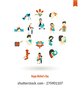 Happy Mothers Day Simple Flat Icons. Vector, Clean Work, Minimum Points