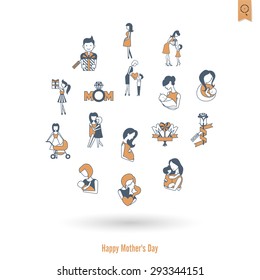 Happy Mothers Day Simple Flat Icons. Vector, Clean Work, Minimum Points