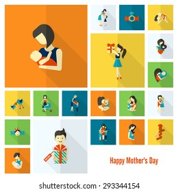 Happy Mothers Day Simple Flat Icons. Vector, Clean Work, Minimum Points