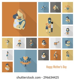 Happy Mothers Day Simple Flat Icons. Vector, Clean Work, Minimum Points