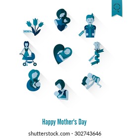 Happy Mothers Day Simple Flat Icons. Vector, Clean Work, Minimum Points