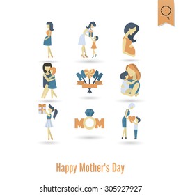 Happy Mothers Day Simple Flat Icons. Vector, Clean Work, Minimum Points