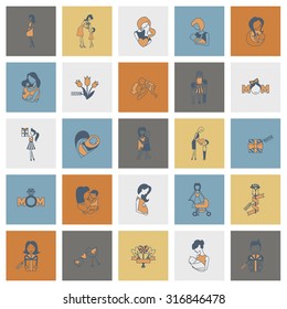 Happy Mothers Day Simple Flat Icons. Vector, Clean Work, Minimum Points