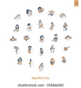Happy Mothers Day Simple Flat Icons. Vector, Clean Work, Minimum Points