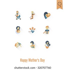 Happy Mothers Day Simple Flat Icons. Vector, Clean Work, Minimum Points