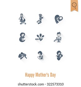 Happy Mothers Day Simple Flat Icons. Vector, Clean Work, Minimum Points