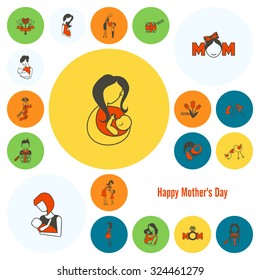 Happy Mothers Day Simple Flat Icons. Vector, Clean Work, Minimum Points