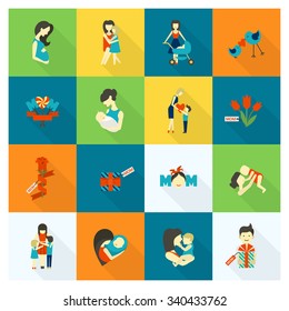 Happy Mothers Day Simple Flat Icons. Vector, Clean Work, Minimum Points