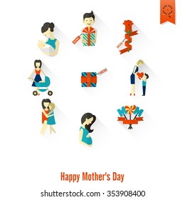 Happy Mothers Day Simple Flat Icons. Vector, Clean Work, Minimum Points