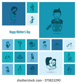 Happy Mothers Day Simple Flat Icons. Vector, Clean Work, Minimum Points