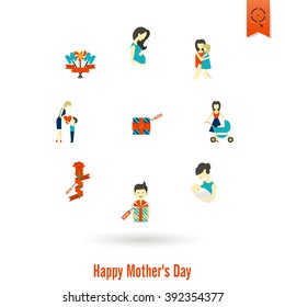 Happy Mothers Day Simple Flat Icons. Vector, Clean Work, Minimum Points