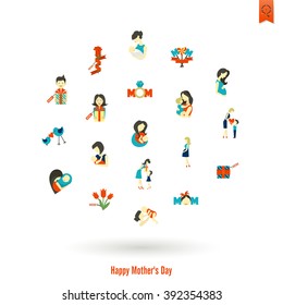 Happy Mothers Day Simple Flat Icons. Vector, Clean Work, Minimum Points