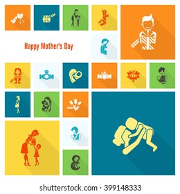 Happy Mothers Day Simple Flat Icons. Vector, Clean Work, Minimum Points