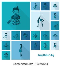 Happy Mothers Day Simple Flat Icons. Vector, Clean Work, Minimum Points