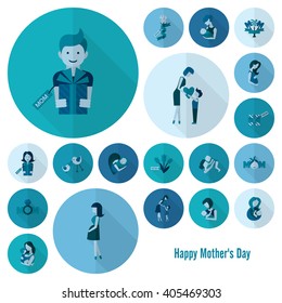 Happy Mothers Day Simple Flat Icons. Vector, Clean Work, Minimum Points