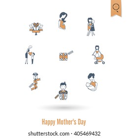 Happy Mothers Day Simple Flat Icons. Vector, Clean Work, Minimum Points