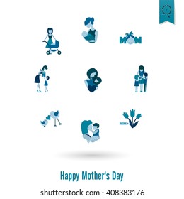 Happy Mothers Day Simple Flat Icons. Vector, Clean Work, Minimum Points