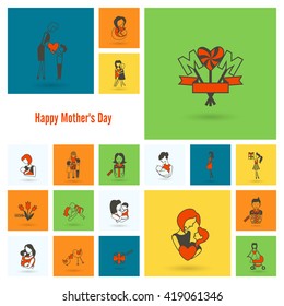 Happy Mothers Day Simple Flat Icons. Vector, Clean Work, Minimum Points