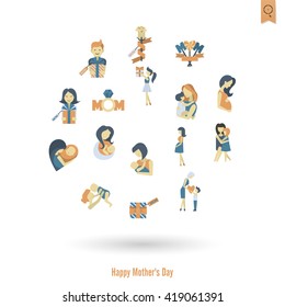 Happy Mothers Day Simple Flat Icons. Vector, Clean Work, Minimum Points