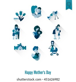 Happy Mothers Day Simple Flat Icons. Vector, Clean Work, Minimum Points
