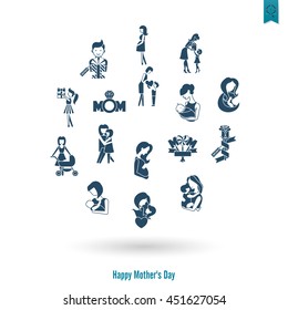 Happy Mothers Day Simple Flat Icons. Vector, Clean Work, Minimum Points