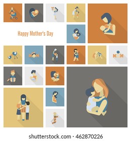 Happy Mothers Day Simple Flat Icons. Vector, Clean Work, Minimum Points