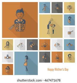 Happy Mothers Day Simple Flat Icons. Vector, Clean Work, Minimum Points