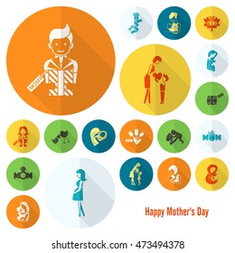 Happy Mothers Day Simple Flat Icons. Vector, Clean Work, Minimum Points