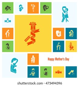Happy Mothers Day Simple Flat Icons. Vector, Clean Work, Minimum Points