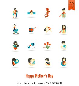 Happy Mothers Day Simple Flat Icons. Vector, Clean Work, Minimum Points