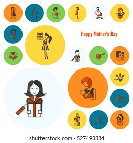 Happy Mothers Day Simple Flat Icons. Vector, Clean Work, Minimum Points