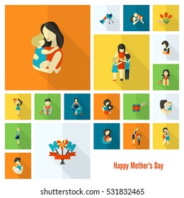 Happy Mothers Day Simple Flat Icons. Vector, Clean Work, Minimum Points