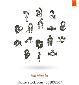 Happy Mothers Day Simple Flat Icons. Vector, Clean Work, Minimum Points