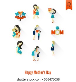 Happy Mothers Day Simple Flat Icons. Vector, Clean Work, Minimum Points