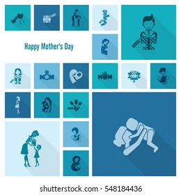 Happy Mothers Day Simple Flat Icons. Vector, Clean Work, Minimum Points