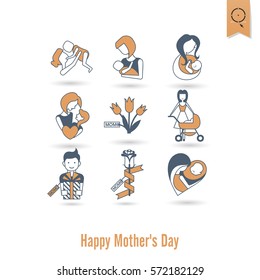 Happy Mothers Day Simple Flat Icons. Vector, Clean Work, Minimum Points