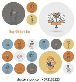 Happy Mothers Day Simple Flat Icons. Vector, Clean Work, Minimum Points