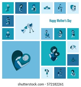 Happy Mothers Day Simple Flat Icons. Vector, Clean Work, Minimum Points