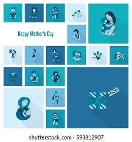 Happy Mothers Day Simple Flat Icons. Vector, Clean Work, Minimum Points