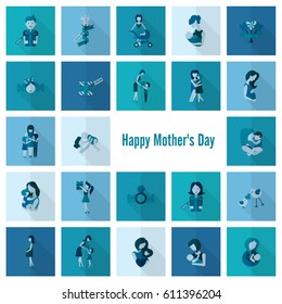 Happy Mothers Day Simple Flat Icons. Vector, Clean Work, Minimum Points