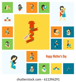 Happy Mothers Day Simple Flat Icons. Vector, Clean Work, Minimum Points