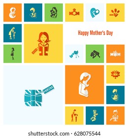 Happy Mothers Day Simple Flat Icons. Vector, Clean Work, Minimum Points