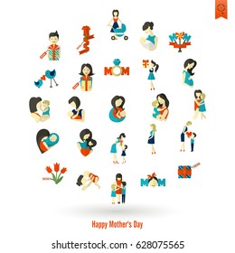Happy Mothers Day Simple Flat Icons. Vector, Clean Work, Minimum Points