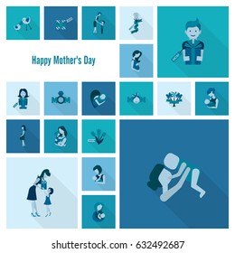 Happy Mothers Day Simple Flat Icons. Vector, Clean Work, Minimum Points