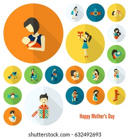 Happy Mothers Day Simple Flat Icons. Vector, Clean Work, Minimum Points