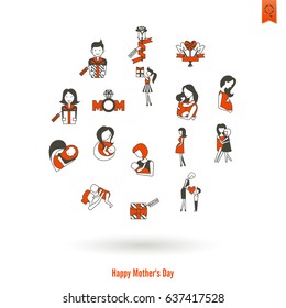 Happy Mothers Day Simple Flat Icons. Vector, Clean Work, Minimum Points