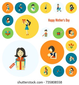 Happy Mothers Day Simple Flat Icons. Vector, Clean Work, Minimum Points